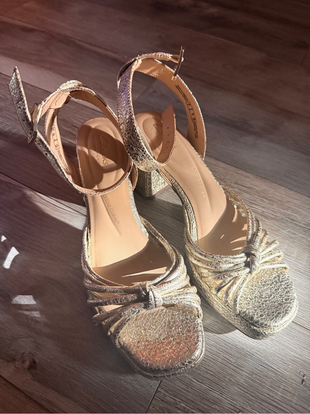 Clarks Metallic Gold Knotted Block Heel Sandals